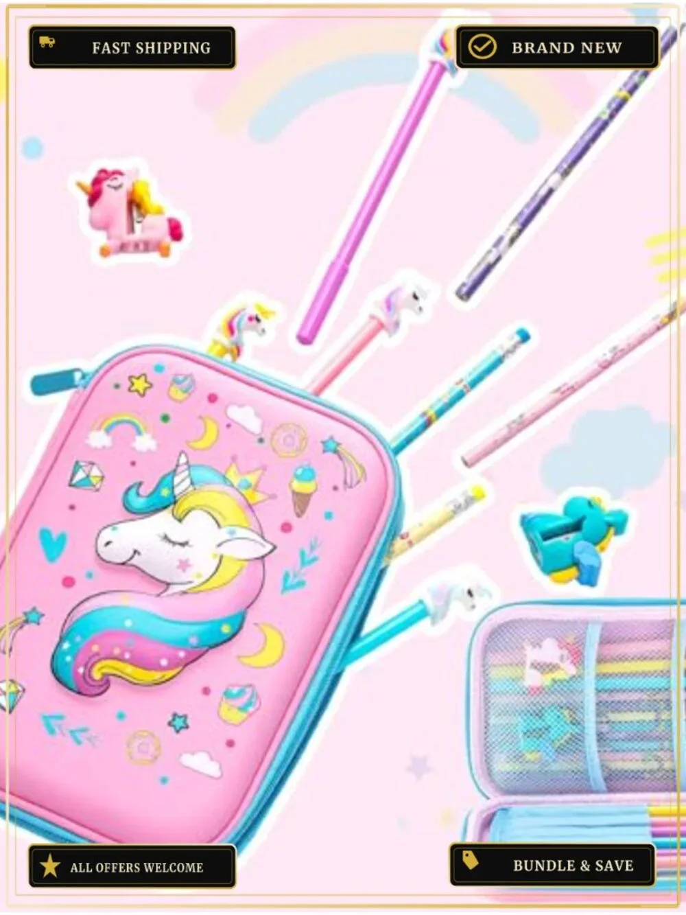 Clear Unicorn Backpack Set for Girls - PVC Stationery Kit with Lunch Bag Pencil